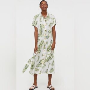 H&M Palm Leaf Button Front Midi Dress Sz 2 Tropical Belted Beachy Vacay Cruise